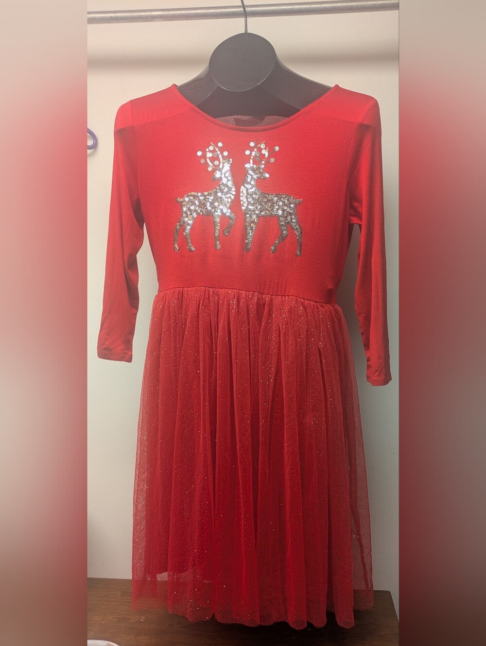 Justice Girls 14/16 Red Sparkle Reindeer Holiday Tulle Dress Pullover Waist Tie